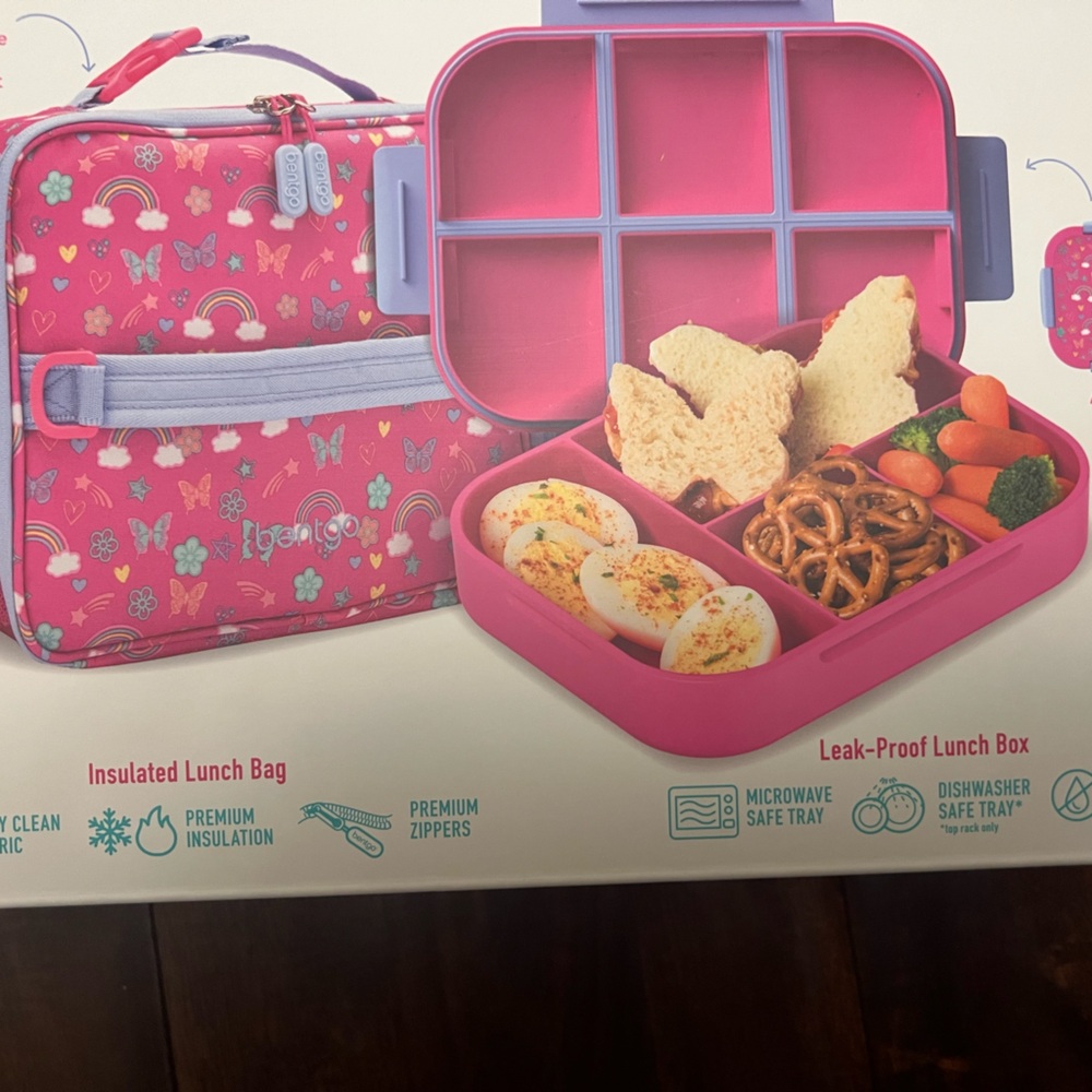 Bentgo Lunch Bento Box/ Matching Bag Kids 2 Piece Deluxe Set Blue/Pink Rainbow